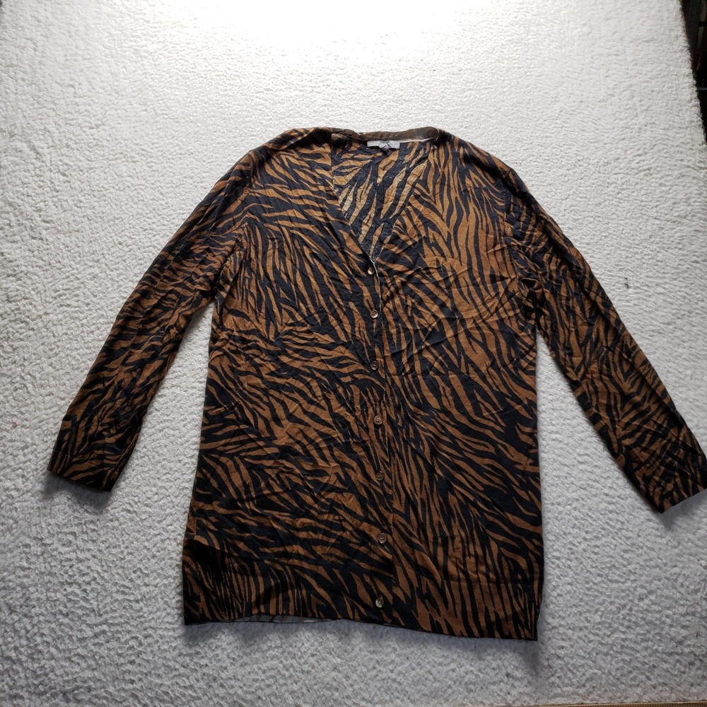Neiman Marcus Cardigan Sweater Womens XL Brown Animal Print Cashmere V Neck Knit